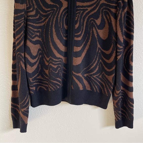 ST. JOHN SPORT Black Brown Wool Blend Swirl Print Mock Neck Full Zip Up Sweater - Picture 4 of 9